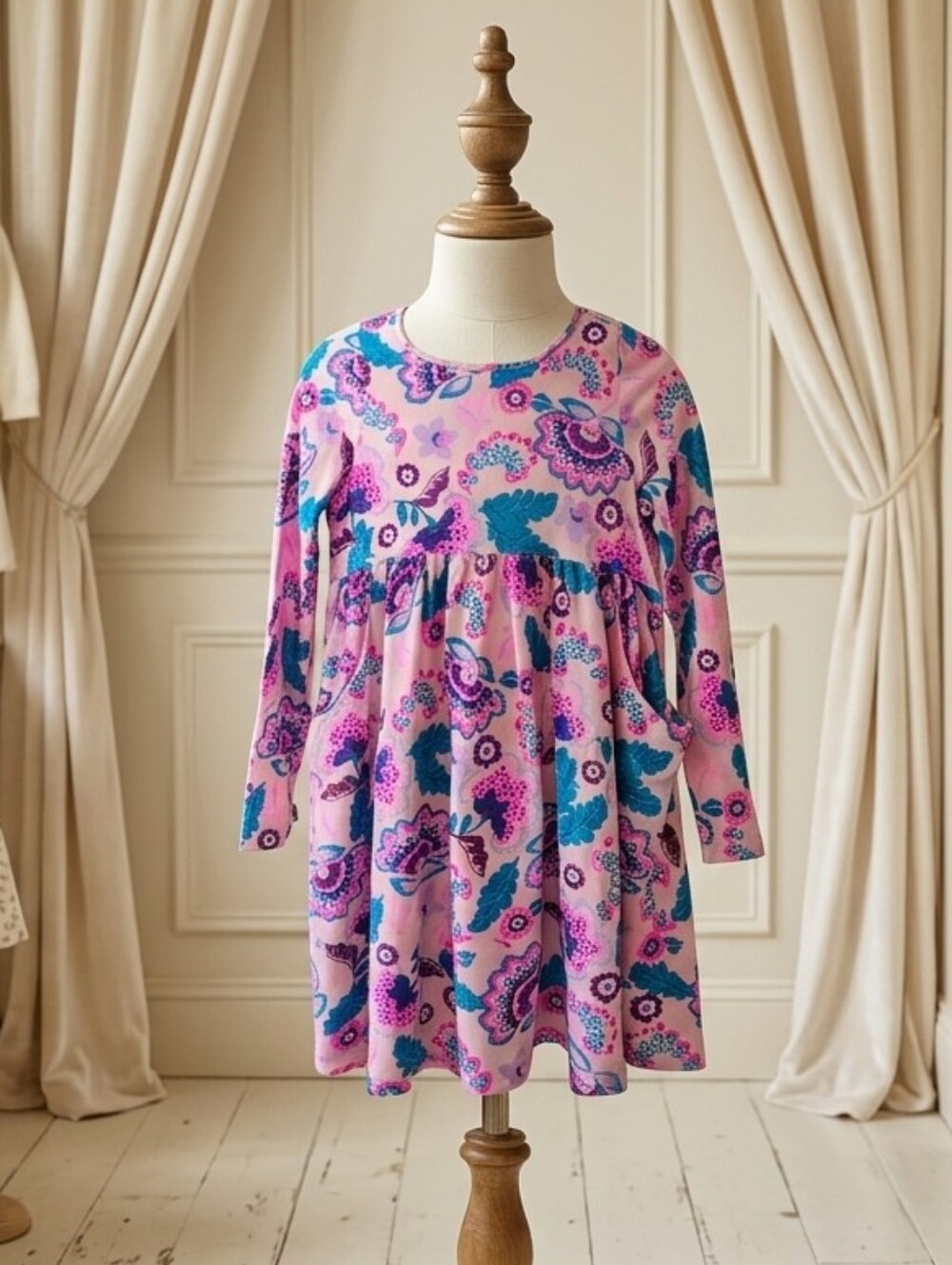 FabKids Pink & Blue Paisley Floral Long Sleeve Dress with Pockets | Size 10/12